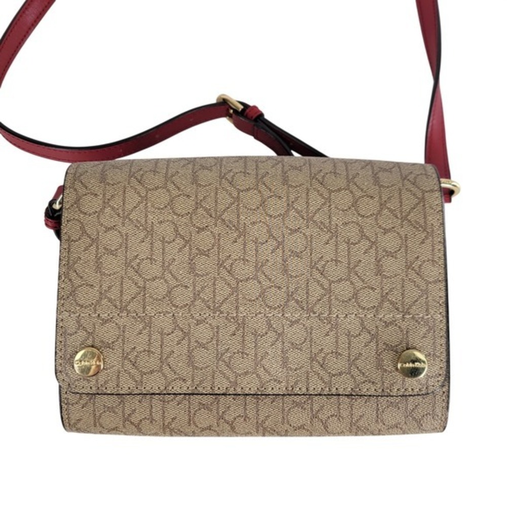 Calvin Klein Monogram Crossbody Bag Beige Red Convertible Shoulder Strap Susan